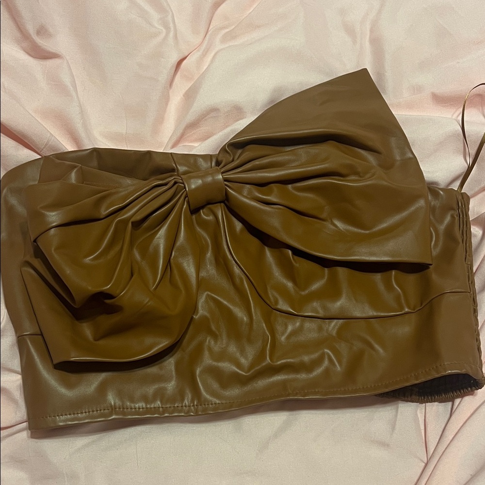 Brown Faux Leather Bow Top
